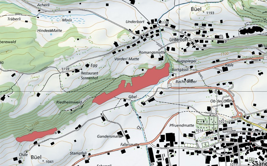 Landeskarte swisstopo mit dem Schutzperimeter von Gibel (Trockenwiese)