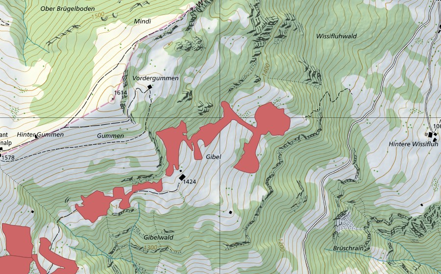 swisstopo national map showing the protected perimeter of Gibel (Dry meadow)