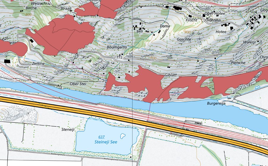 Carte nationale swisstopo avec le périmètre protégé de Giblatt (Prairie sèche)