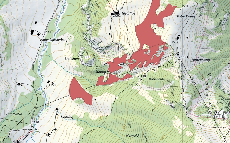 Carte nationale swisstopo avec le périmètre protégé de Gietisflue (Prairie sèche)