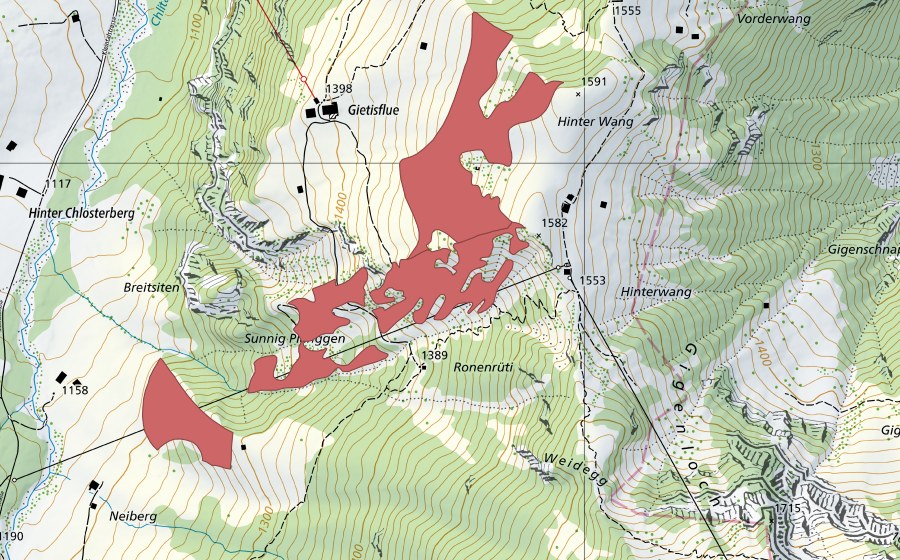 Carte nationale swisstopo avec le périmètre protégé de Gietisflue (Prairie sèche)