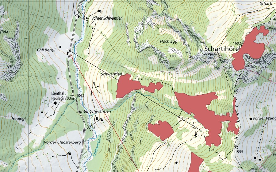 Carte nationale swisstopo avec le périmètre protégé de Gietisflue (Prairie sèche)