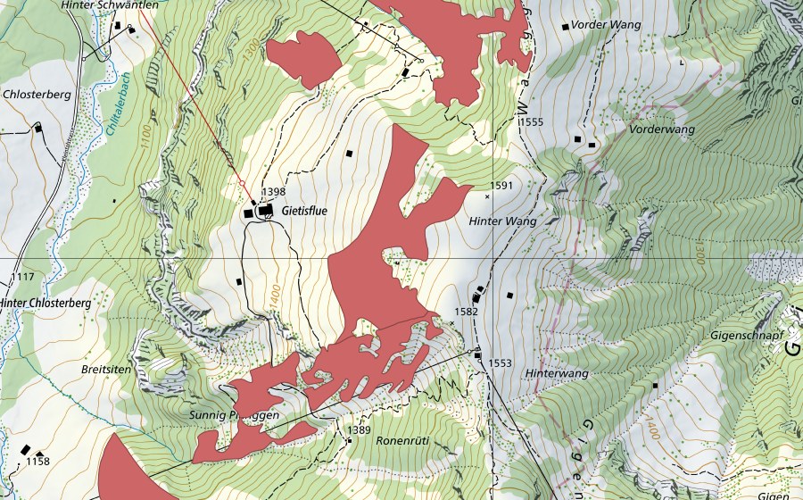 Landeskarte swisstopo mit dem Schutzperimeter von Gietisflue (Trockenwiese)