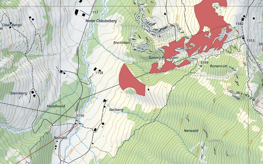 swisstopo national map showing the protected perimeter of Gietisflue (Dry meadow)