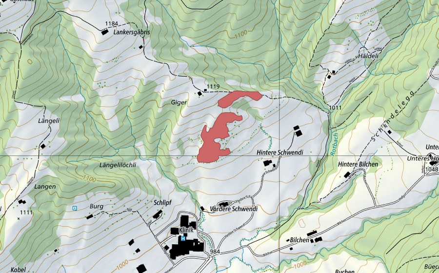 Landeskarte swisstopo mit dem Schutzperimeter von Giger (Trockenwiese)