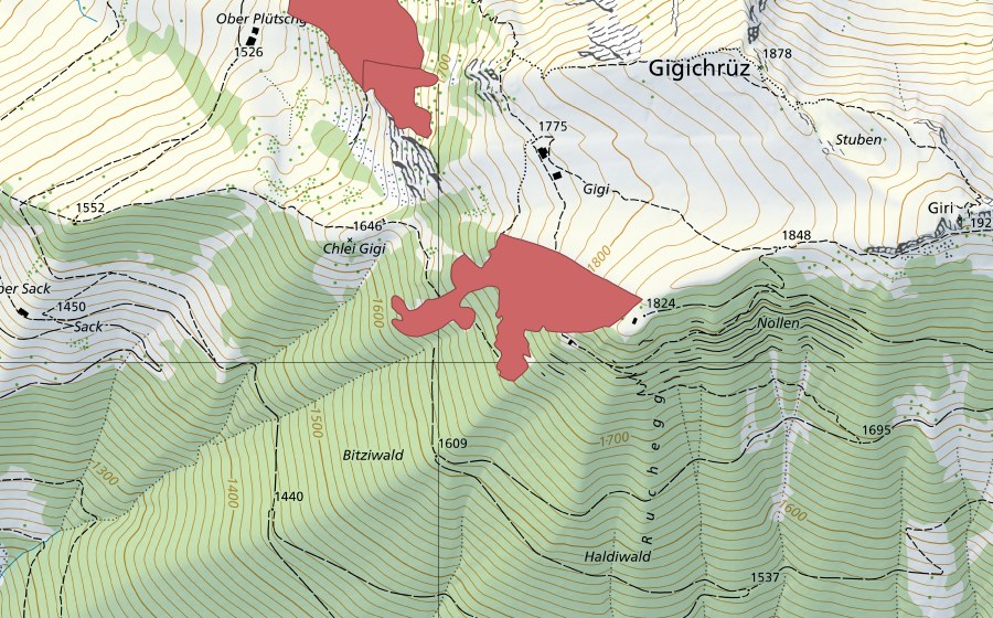 swisstopo national map showing the protected perimeter of Gigi (Dry meadow)