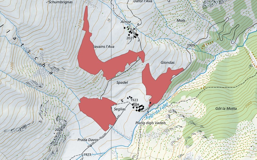 Carte nationale swisstopo avec le périmètre protégé de Giondas (Prairie sèche)