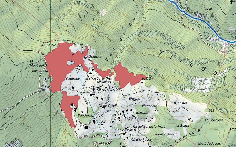 swisstopo national map showing the protected perimeter of Giova (Dry meadow)