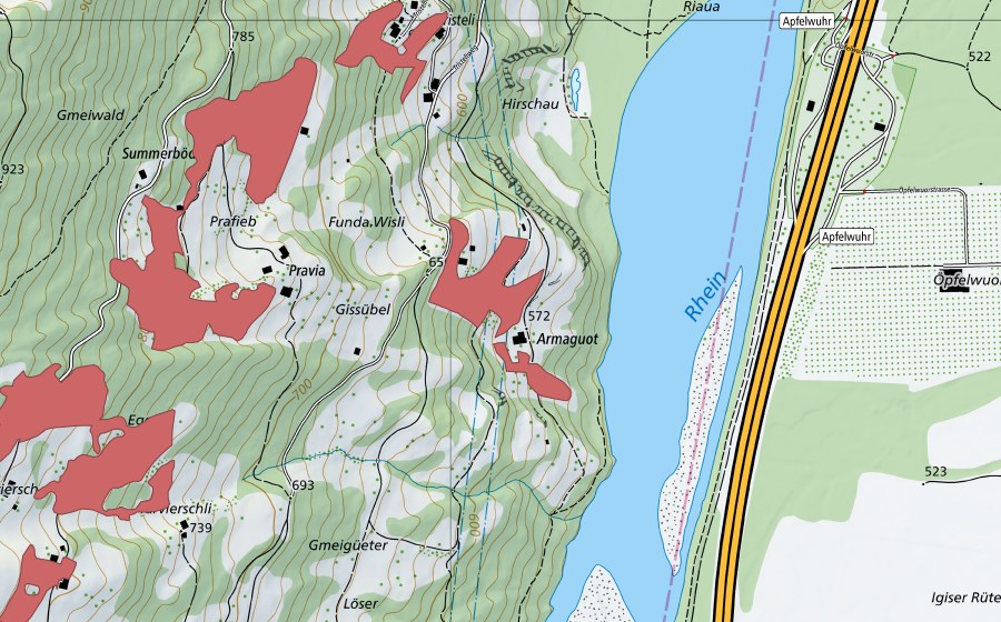 Carte nationale swisstopo avec le périmètre protégé de Gissübel (Prairie sèche)