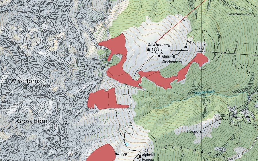 Landeskarte swisstopo mit dem Schutzperimeter von Gitschenberg (Trockenwiese)