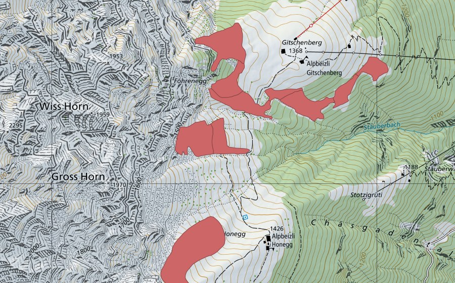 swisstopo national map showing the protected perimeter of Gitschenberg (Dry meadow)