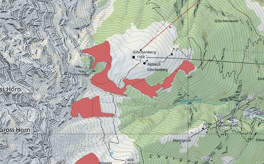 Landeskarte swisstopo mit dem Schutzperimeter von Gitschenberg (Trockenwiese)