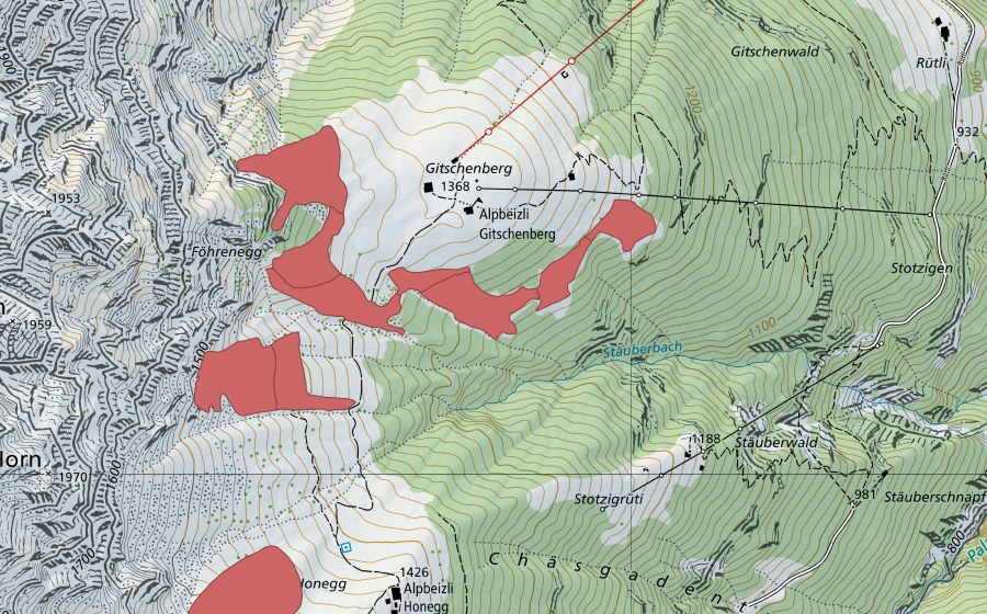 Carte nationale swisstopo avec le périmètre protégé de Gitschenberg (Prairie sèche)