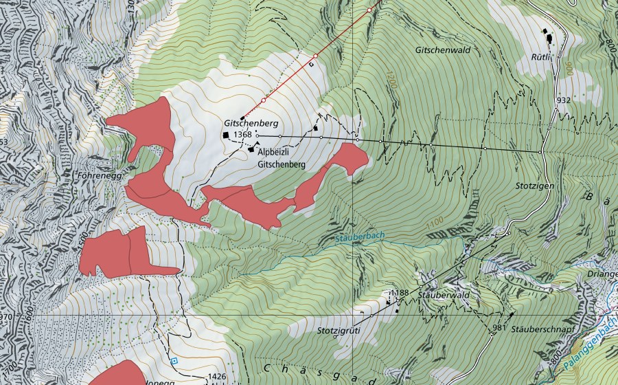 Landeskarte swisstopo mit dem Schutzperimeter von Gitschenberg (Trockenwiese)