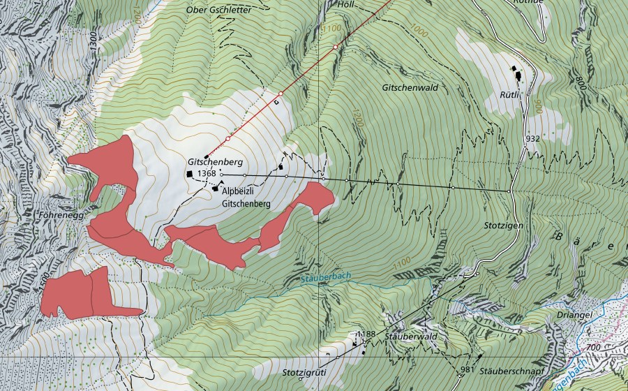 Landeskarte swisstopo mit dem Schutzperimeter von Gitschenberg (Trockenwiese)