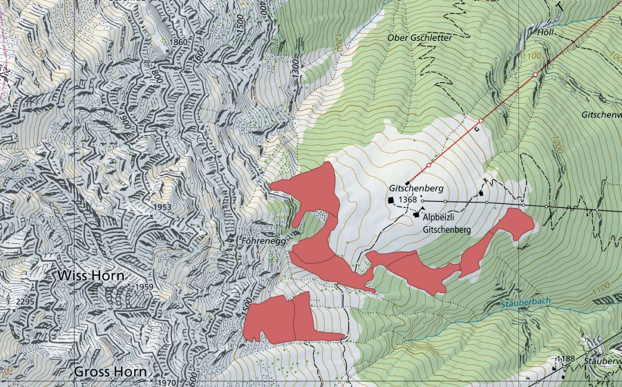 Carte nationale swisstopo avec le périmètre protégé de Gitschenberg (Prairie sèche)