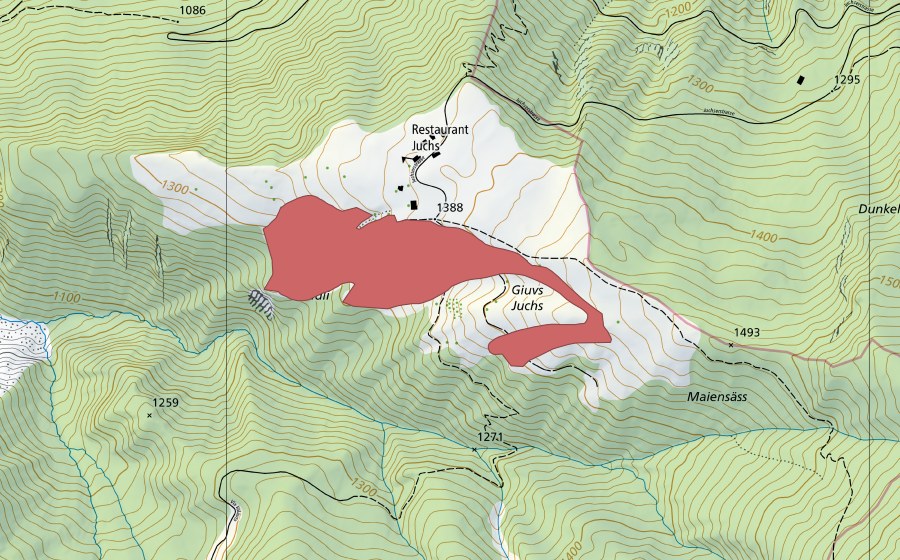 Carte nationale swisstopo avec le périmètre protégé de Giufs/Juchs (Prairie sèche)