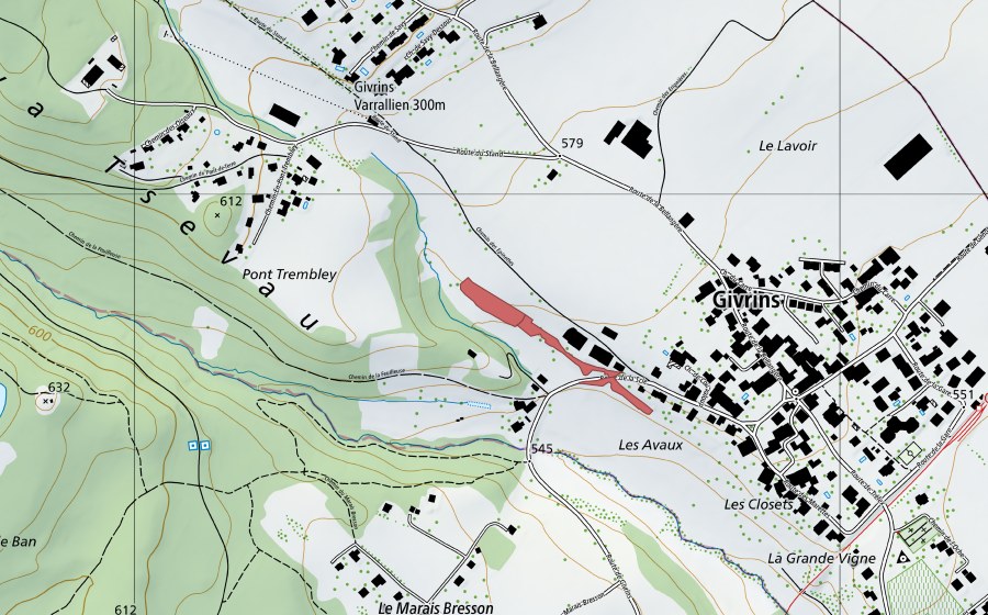 Landeskarte swisstopo mit dem Schutzperimeter von Givrins (Trockenwiese)