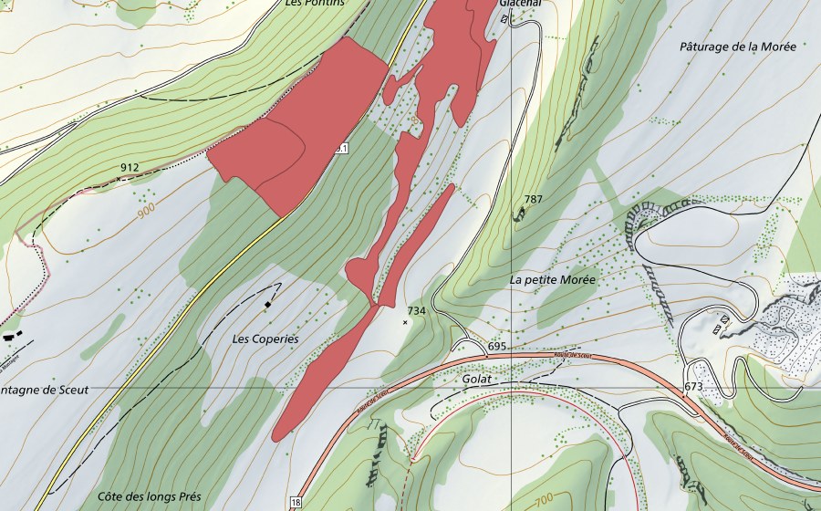 Carte nationale swisstopo avec le périmètre protégé de Glacenal (Prairie sèche)