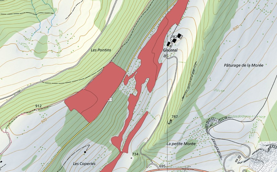 Landeskarte swisstopo mit dem Schutzperimeter von Glacenal (Trockenwiese)