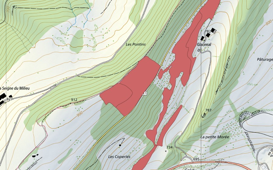 Carte nationale swisstopo avec le périmètre protégé de Glacenal (Prairie sèche)