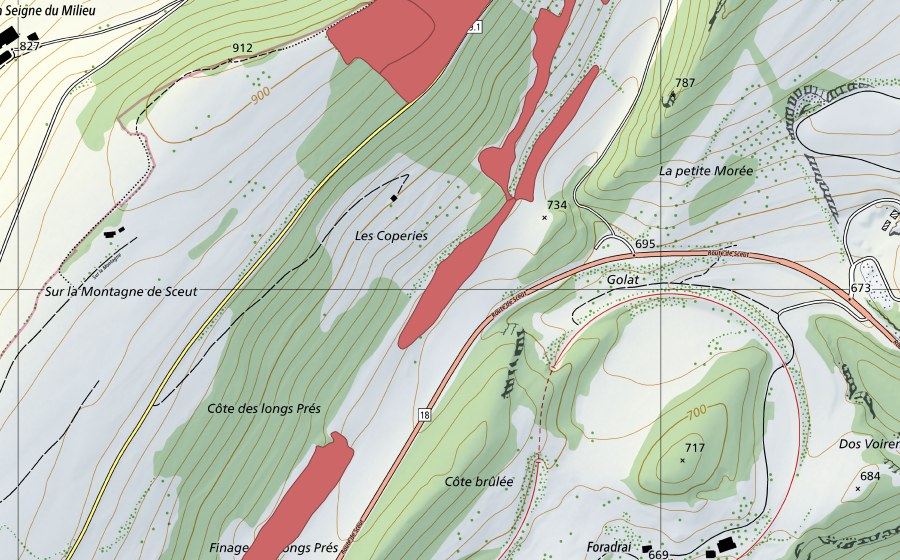 Carte nationale swisstopo avec le périmètre protégé de Glacenal (Prairie sèche)