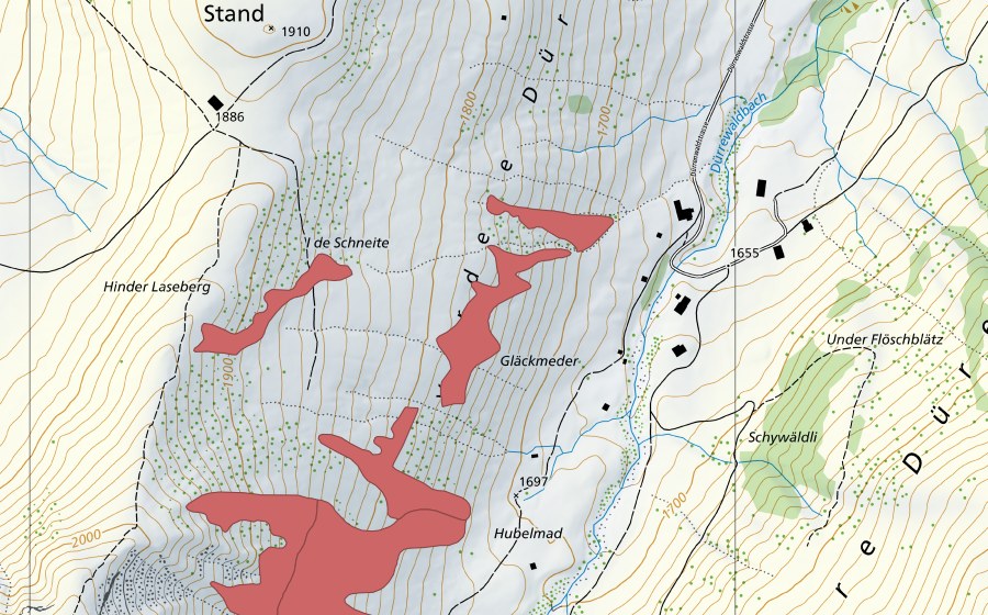 Carte nationale swisstopo avec le périmètre protégé de Gläckmeder (Prairie sèche)