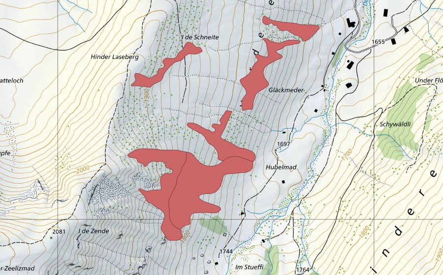 Landeskarte swisstopo mit dem Schutzperimeter von Gläckmeder (Trockenwiese)