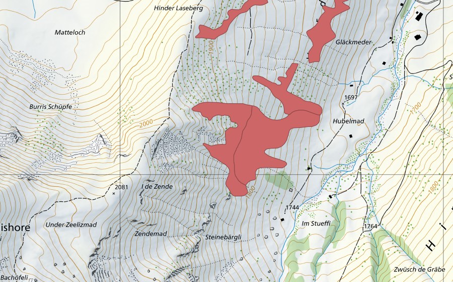 Carte nationale swisstopo avec le périmètre protégé de Gläckmeder (Prairie sèche)
