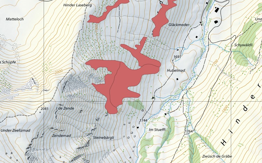 swisstopo national map showing the protected perimeter of Gläckmeder (Dry meadow)