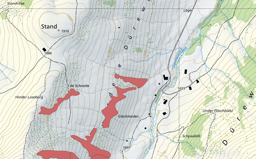 swisstopo national map showing the protected perimeter of Gläckmeder (Dry meadow)