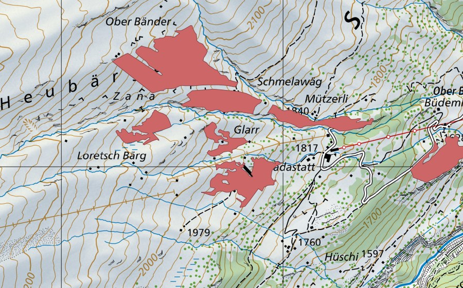 Carte nationale swisstopo avec le périmètre protégé de Glarr (Prairie sèche)