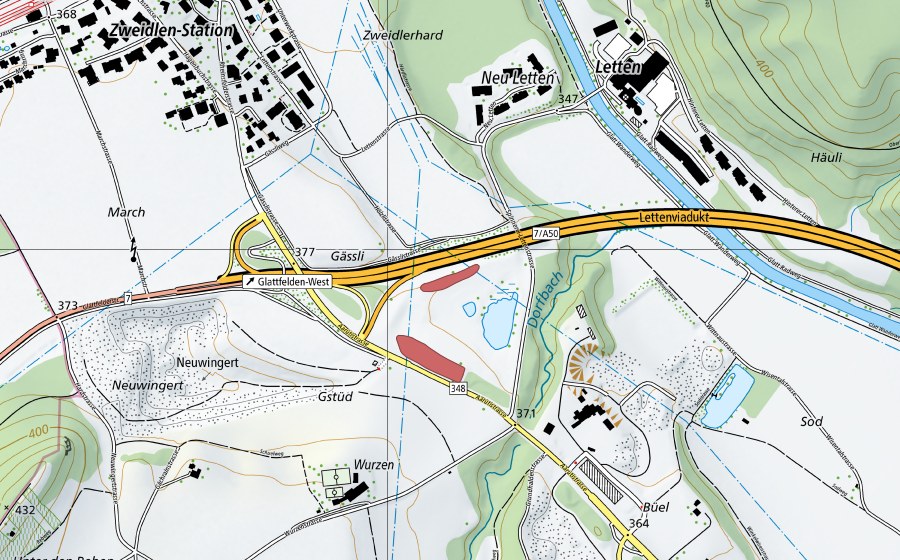 Landeskarte swisstopo mit dem Schutzperimeter von Glatt (Trockenwiese)