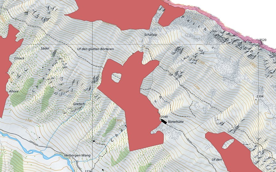 swisstopo national map showing the protected perimeter of Glatten Börteren (Dry meadow)