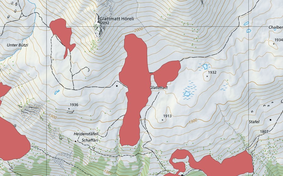 Carte nationale swisstopo avec le périmètre protégé de Glattmatt (Prairie sèche)