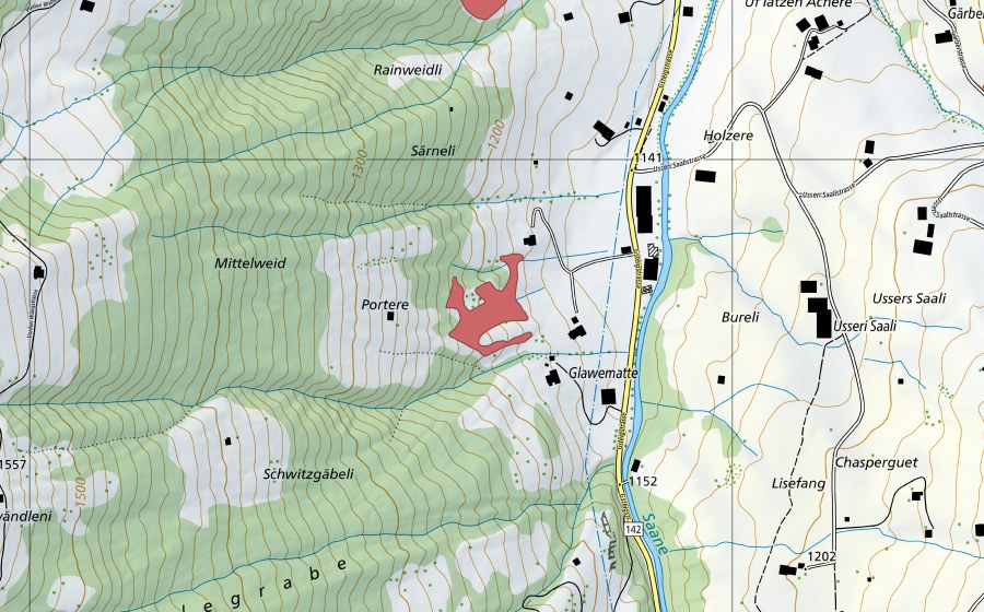 Landeskarte swisstopo mit dem Schutzperimeter von Glawematte (Trockenwiese)
