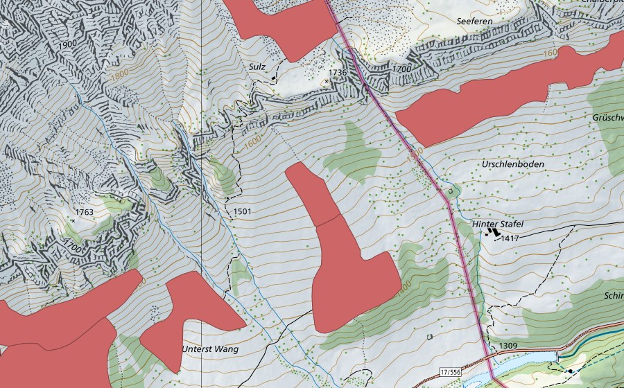 Carte nationale swisstopo avec le périmètre protégé de Gletti (Prairie sèche)