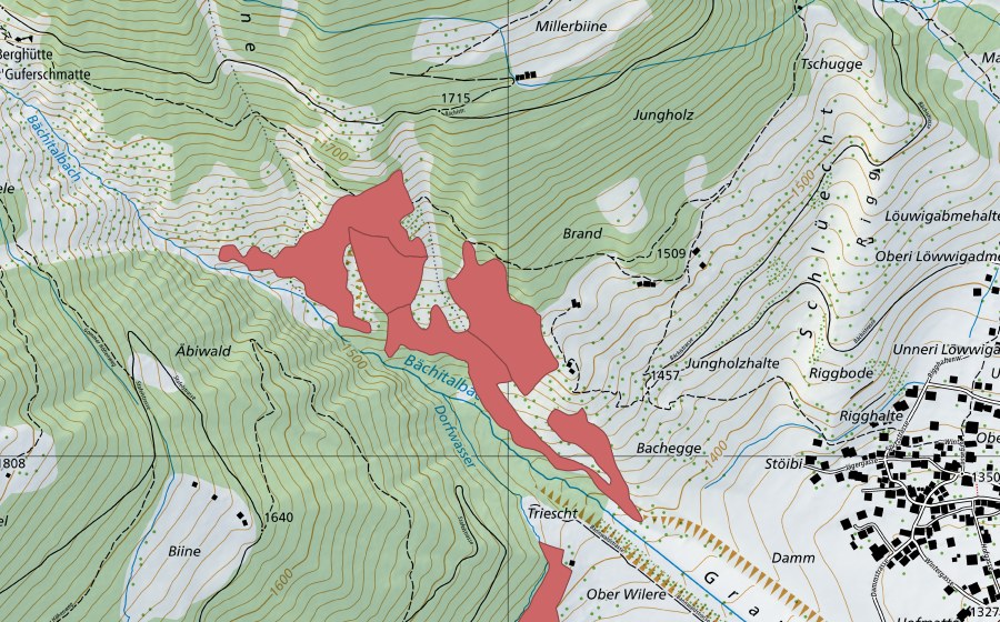 Landeskarte swisstopo mit dem Schutzperimeter von Gluringen (Trockenwiese)