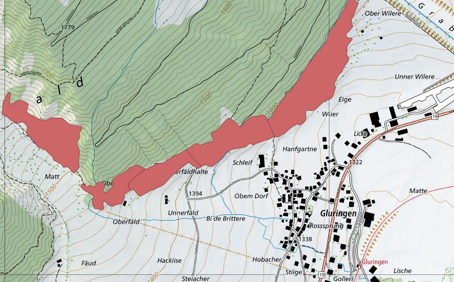 Landeskarte swisstopo mit dem Schutzperimeter von Gluringen (Trockenwiese)