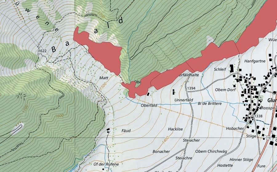 swisstopo national map showing the protected perimeter of Gluringen (Dry meadow)