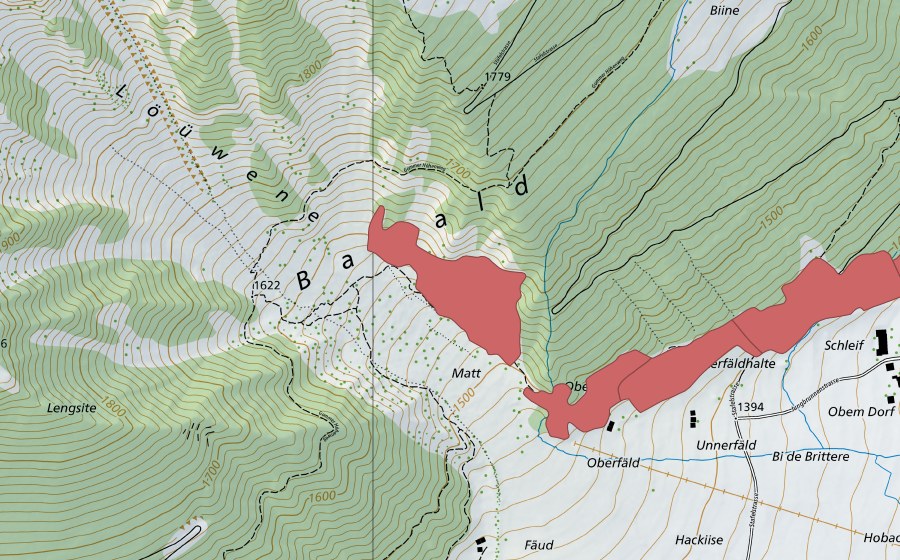 swisstopo national map showing the protected perimeter of Gluringen (Dry meadow)