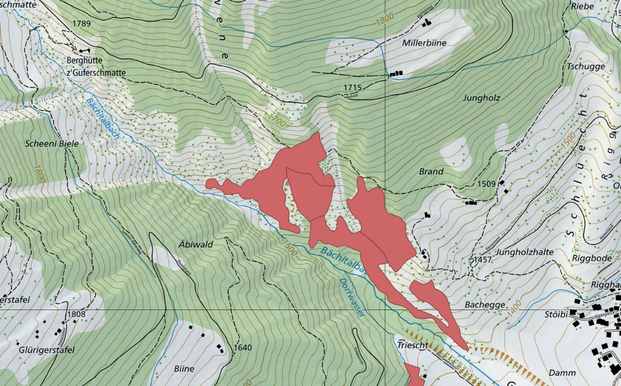 swisstopo national map showing the protected perimeter of Gluringen (Dry meadow)