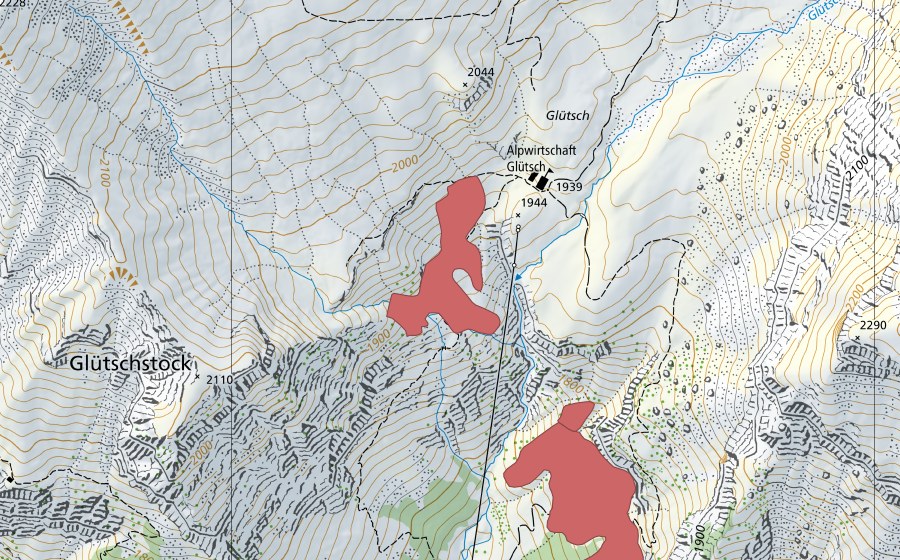 Landeskarte swisstopo mit dem Schutzperimeter von Glütsch (Trockenwiese)