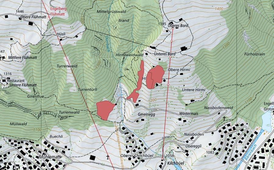 Carte nationale swisstopo avec le périmètre protégé de Gmeinegg (Prairie sèche)