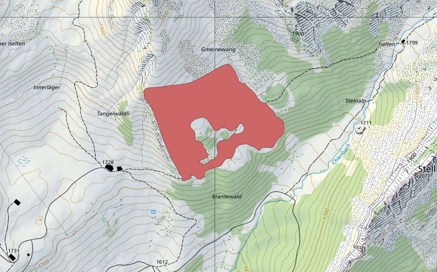 swisstopo national map showing the protected perimeter of Gmeinewang (Dry meadow)