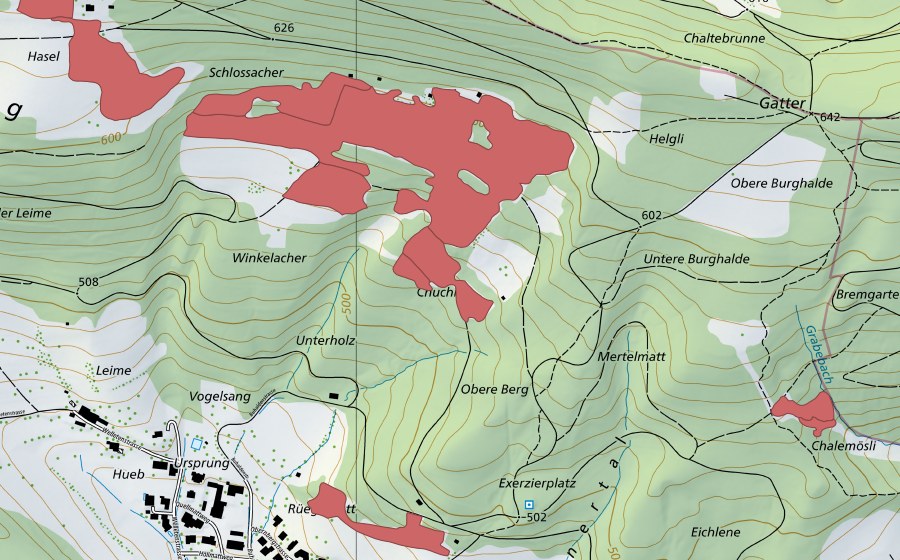 Carte nationale swisstopo avec le périmètre protégé de Gmeirüti (Prairie sèche)