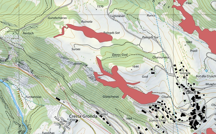 Carte nationale swisstopo avec le périmètre protégé de God Davos (Prairie sèche)