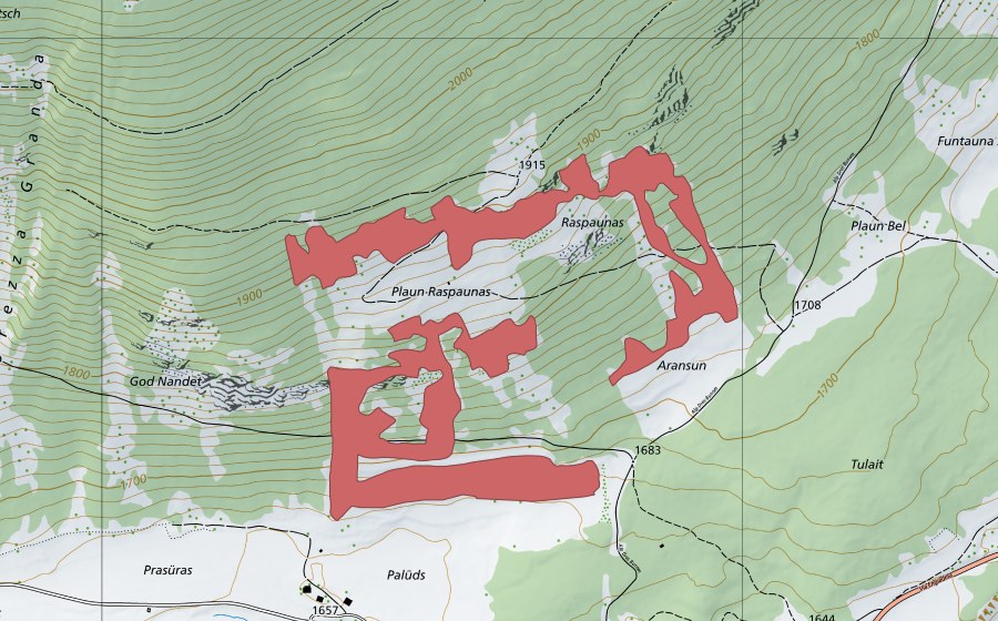 Carte nationale swisstopo avec le périmètre protégé de God Nandet (Prairie sèche)