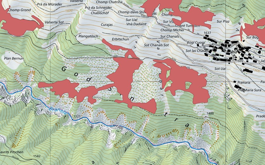 swisstopo national map showing the protected perimeter of God Sinestra (Dry meadow)