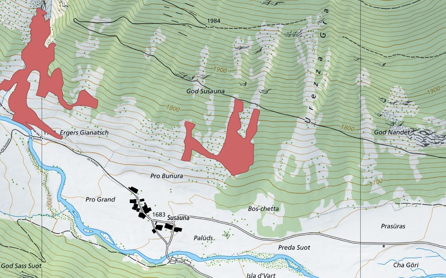 Carte nationale swisstopo avec le périmètre protégé de God Susauna (Prairie sèche)